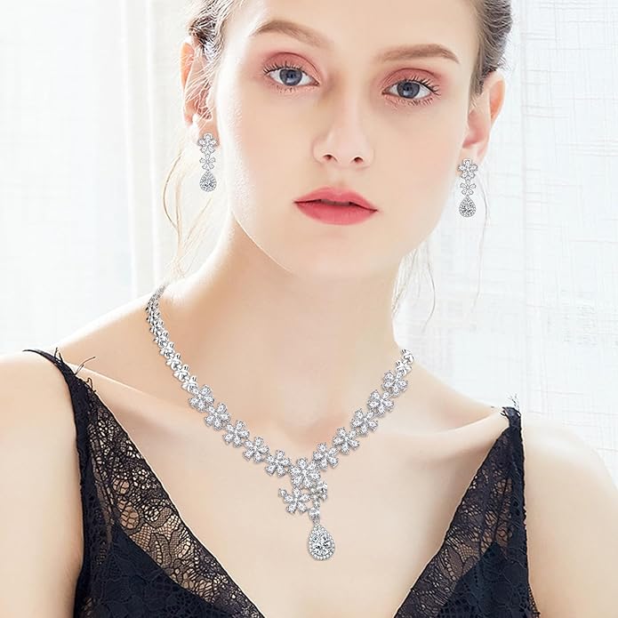 Hadskiss Jewelry Set for Women, Necklace Dangle Earrings Bracelet Set with White AAA Cubic Zirconia, Allergy Free Wedding Party Jewelry for Bridal Bridesmaid