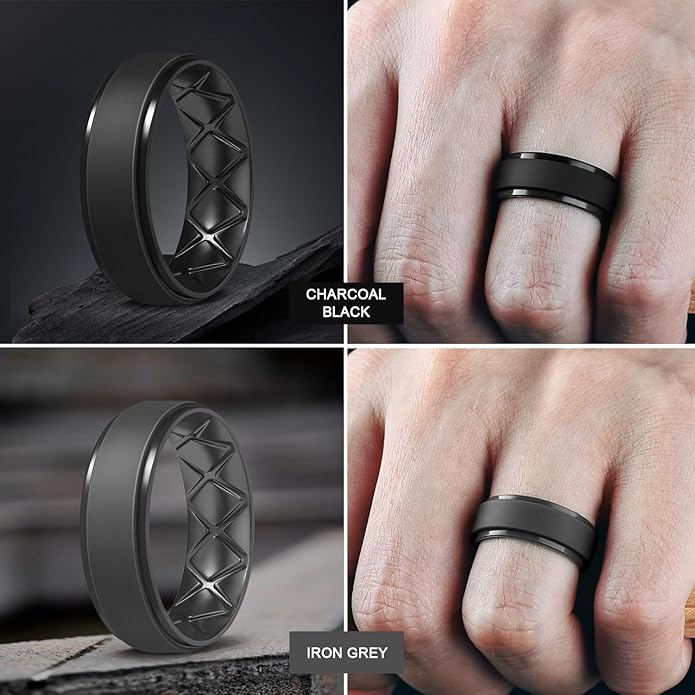 Egnaro Men's Rings 8.5mm Wide-2mm Thick Inner Arc Ergonomic Breathable Rubber Wedding bands-Hypoallergenic for Gym/Outdoor/Gift((1-7 Variety Pack with Half Size)