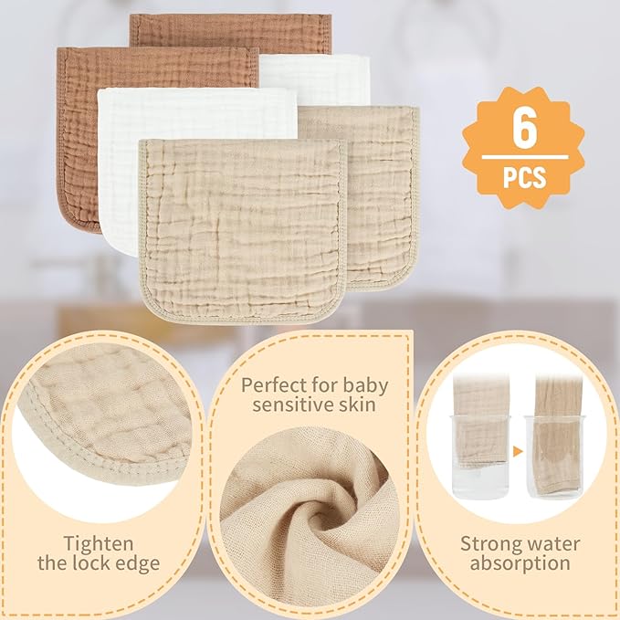 Baby Burp Cloth 100% Cotton Newborn Cotton Muslin Burp Cloth 10x20 inches (White & Coffee 6 Pieces)