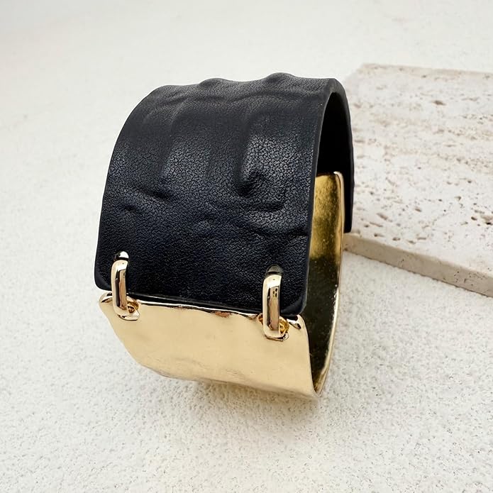 Leather Bracelet for Women Black Leather Golden Bracelet Bangle Chunky Leather Wrap Bracelet for Women Statement Jewelry Gift
