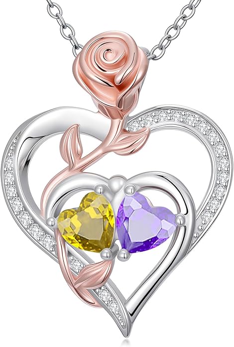 Rose Flower Heart Pendant for Women Birthday Gifts 18k Gold Plated Mother Daughter Necklace with 12 Months Birthstone Christmas Valentines Day Gifts for Her Mom Anniversarry Jewelry for Mom Wife Girlfriend