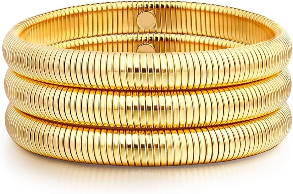 Gold Bangle Bracelets For Women Non Tarnish 14k Gold Plated Stackable Chunky Gold Bracelet Set Stretch Trendy Elastic Snake Chain Bracelet