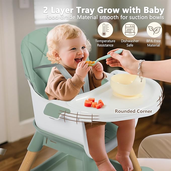 Kinder King 7 in 1 Baby High Chair for Babies and Toddlers with Large Storage Footrest, Booster Seat, Convertible Wooden High Chair with 3-Depth Double Dishwasher Safe Tray, 5 Point Harness, Green