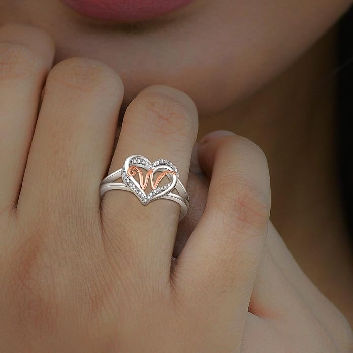 INFUSEU 925 Sterling Silver Initial Heart Ring for Women Girls, Adjustable Size