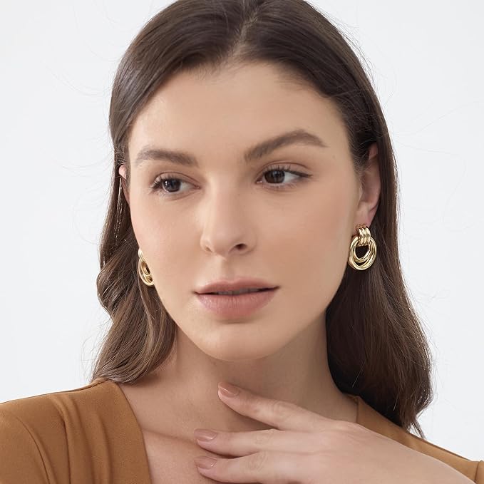Gold-Plated Chunky Earrings, Knot Link Circle Drop Dangle Statement Studs for Women