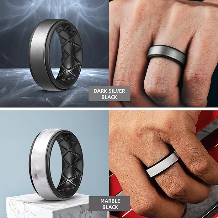 Egnaro Silicone Rings for Men 1/4/5/6/7 Multipack of Breathable Mens Silicone Rubber Wedding Rings Bands - Step Edge