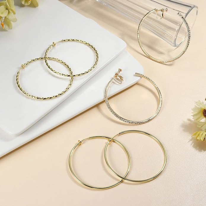 Clip On Hoop Earrings for Women Non Pierced Ears,Gold Clip On Earrings Non Piercing Big Stainless Steel Fake Hoops Lightweight 30-60mm