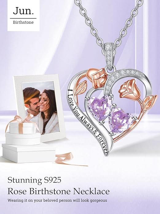 Valentine's Day Gifts for Wife 925 Sterling Silver Double Birthstone Pendant Necklaces I Love You for Always and Forever Necklace Anniversary Birthday Gifts for Wife Girlfriend Mom Her