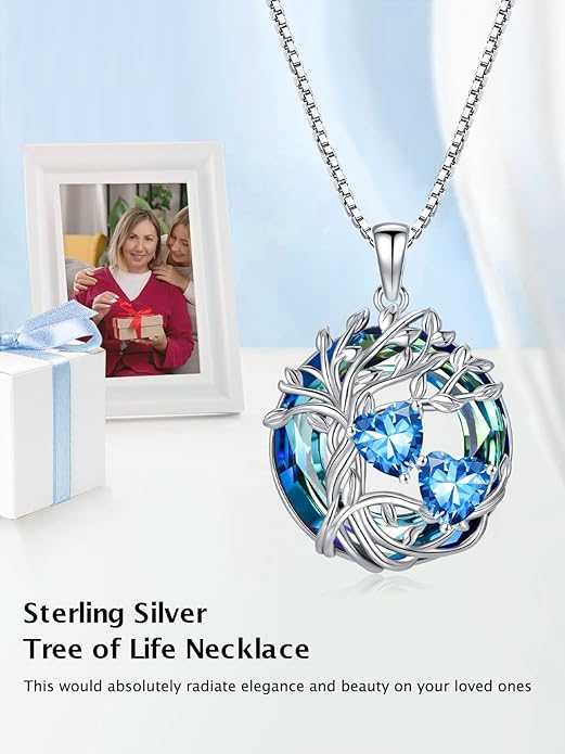 TOUPOP s925 Sterling Silver Family Celtic Tree of Life Pendant Necklaces with 2 Heart Birthstone with Blue Austrian Crystal Jewelry Birthday Valentines Day Gifts for Her, Anniversary Christmas Gifts for Wife Girlfriend Mom (18K Real White Gold Filled)