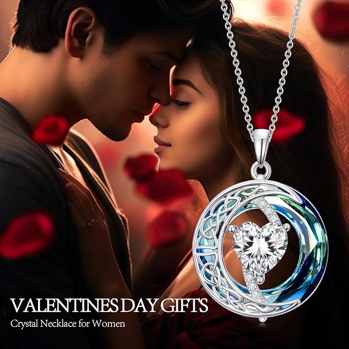 Valentines Day Gifts for Women, Birthstone Necklace for Women, Celtic Moon Pendant Blue Crystal Necklace Heart Jewelry Anniversary Jewelry Gift for Daughter Wife Mother Sister