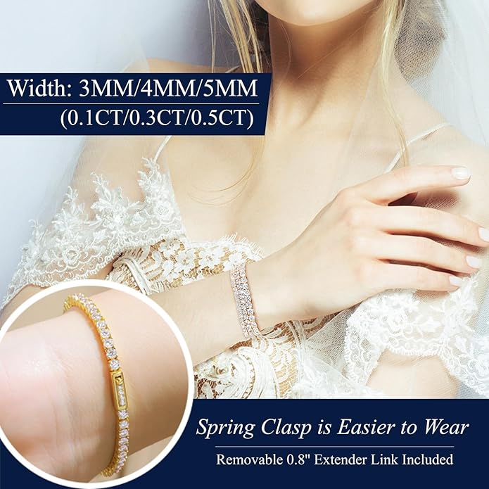 TUHE Moissanite Tennis Bracelet 5.0-21.0CT 18K Gold Plated 925 Sterling Silver Bracelets 3/4/5MM D Color VVS1 Round Lab Created Moissanite Bracelet for Women Men 6-8.5 Inch Jewelry Valentines Gifts