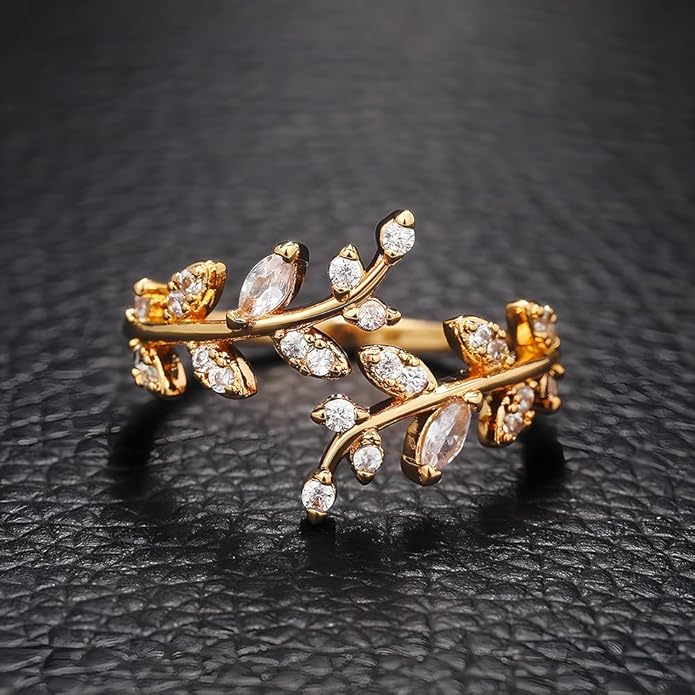 Adjustable S925 Sterling Silver Ring for Women,Branch Leaves Band Stacking Finger Ring,Paved Cubic Zirconia Stone Stackable Open Ring