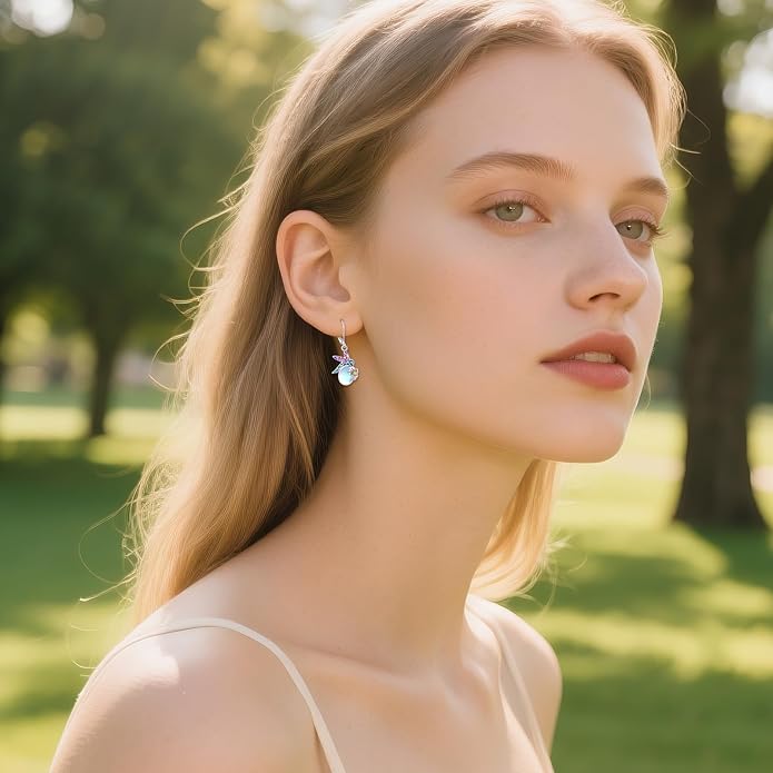 Hummingbird with Moonstone Dangle Earrings 925 Sterling Silver Hummingbird Leverback Earrings for Women