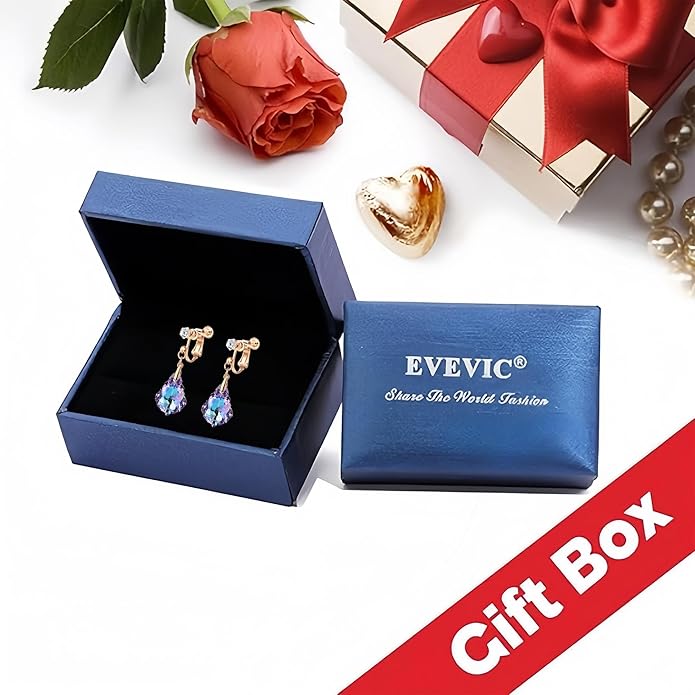 Austrian Crystal Baroque Drop Clip On Dangle Earrings for Women Non Pierced 14K Rose Gold Plated Hypoallergenic Jewelry