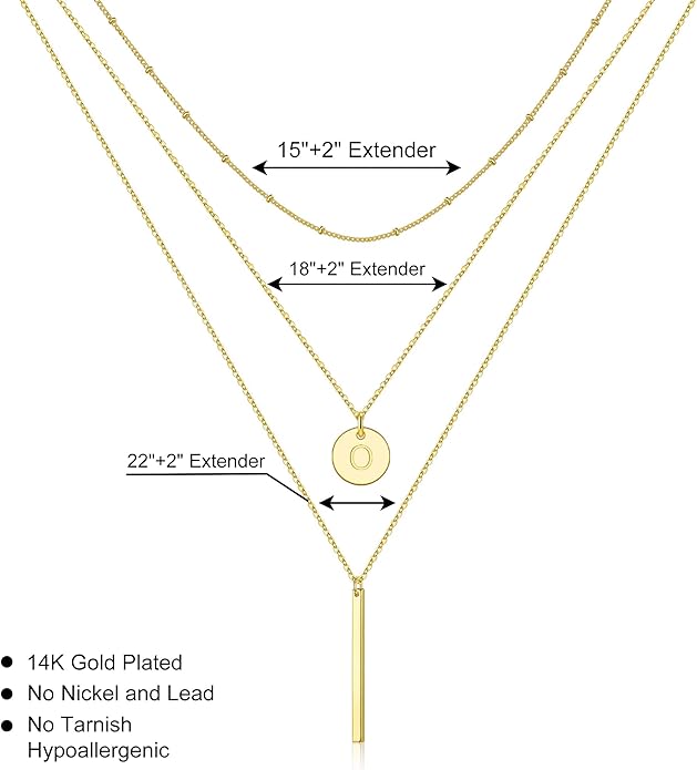 Valentines Gifts for Her - Initial Layered Necklaces for Women, 14K-Gold-Plated Coin Letter Necklace Bar Stacking Layer Necklace Multi Bar Layering Y-Necklaces Jewelry for Women