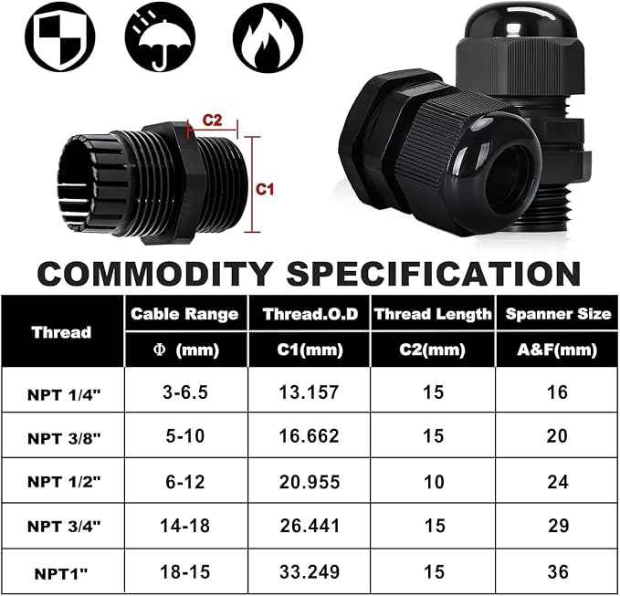 12 Pcs 3/8" NPT Black Adjustable Cable Glands - Image 2