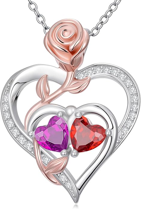 Rose Flower Heart Pendant for Women Birthday Gifts 18k Gold Plated Mother Daughter Necklace with 12 Months Birthstone Christmas Valentines Day Gifts for Her Mom Anniversarry Jewelry for Mom Wife Girlfriend