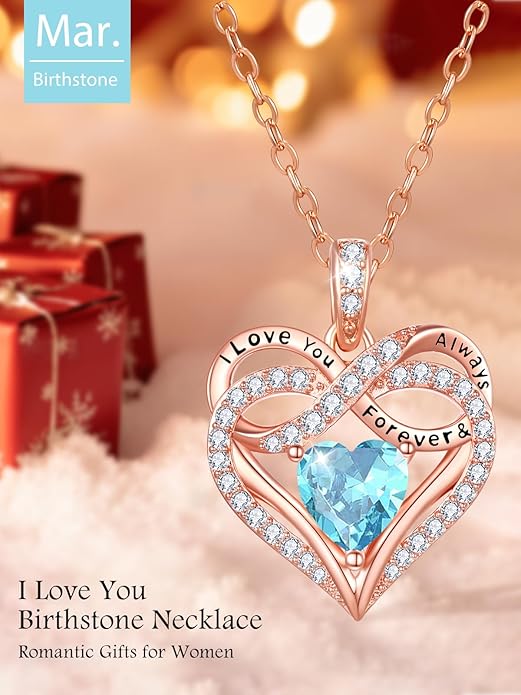 Infinity Rose Gold Valentines Heart Birthstone Necklace for Women,I Love You Always and Forever Jewelry,Valentines Anniversary Birthday Gifts for Her Wife Mom Grandma Daughter