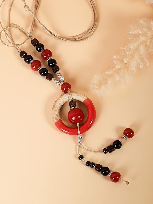 MINACHI Boho Hippie Colorful Ceramic Beads Strand O Ring Circle Charm Long Y Necklace, Vintage Bohemian Statement Jewelry Gift for Women
