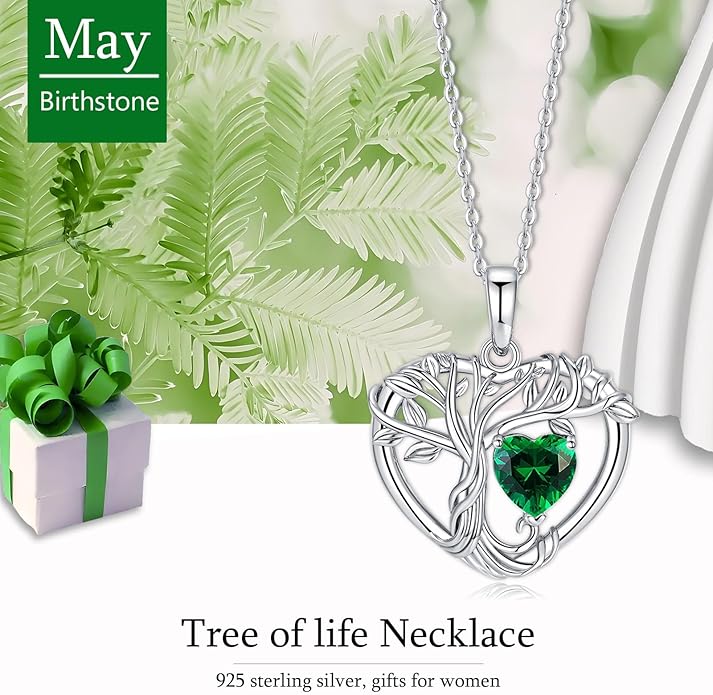 Tree of Life Necklaces for Women 925 Sterling Silver Heart Pendant Birthstone Necklace Created Gemstone Jewelry for Her, 18"+2"