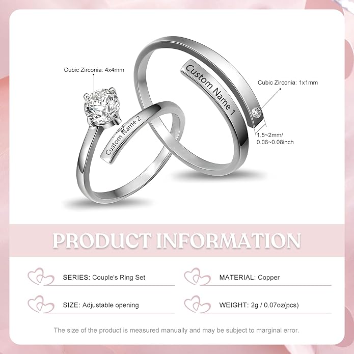 Personalized Couple Rings Engraved with Names - Adjustable Matching Promise Rings Set with Cubic Zirconia, Romantic Gift for Her/Him, Wedding, Anniversary, Valentine's Day (No Size Worry)