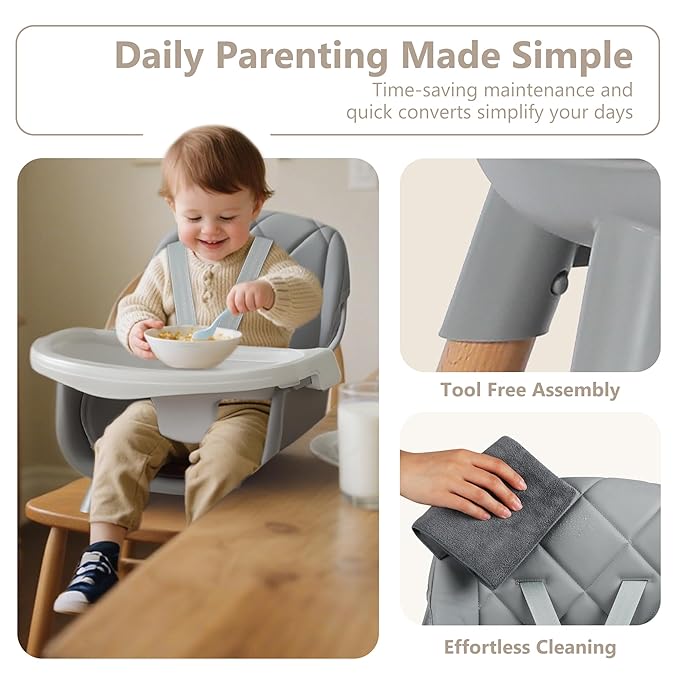 Kinder King 7 in 1 Baby High Chair for Babies and Toddlers with Large Storage Footrest, Booster Seat, Convertible Wooden High Chair with 3-Depth Double Dishwasher Safe Tray, 5 Point Harness, Gray