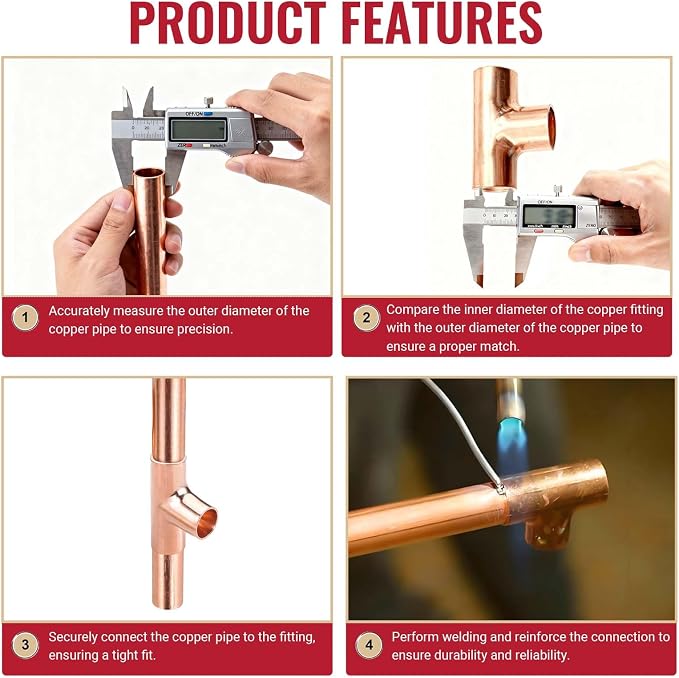Copper Tee For 3/4"OD tubing, Copper Three-Way Fitting Welding Joint, Sweat - Image 5