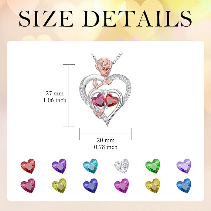 Rose Flower Heart Pendant for Women Birthday Gifts 18k Gold Plated Mother Daughter Necklace with 12 Months Birthstone Christmas Valentines Day Gifts for Her Mom Anniversarry Jewelry for Mom Wife Girlfriend