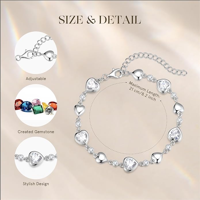 Carleen Birthstone Bracelets for Women 925 Sterling Silver Five Heart Station Created Gemstone Tennis Bracelet Jewelry Anniversary Birthday for Wife, 7"+1.2" Extender