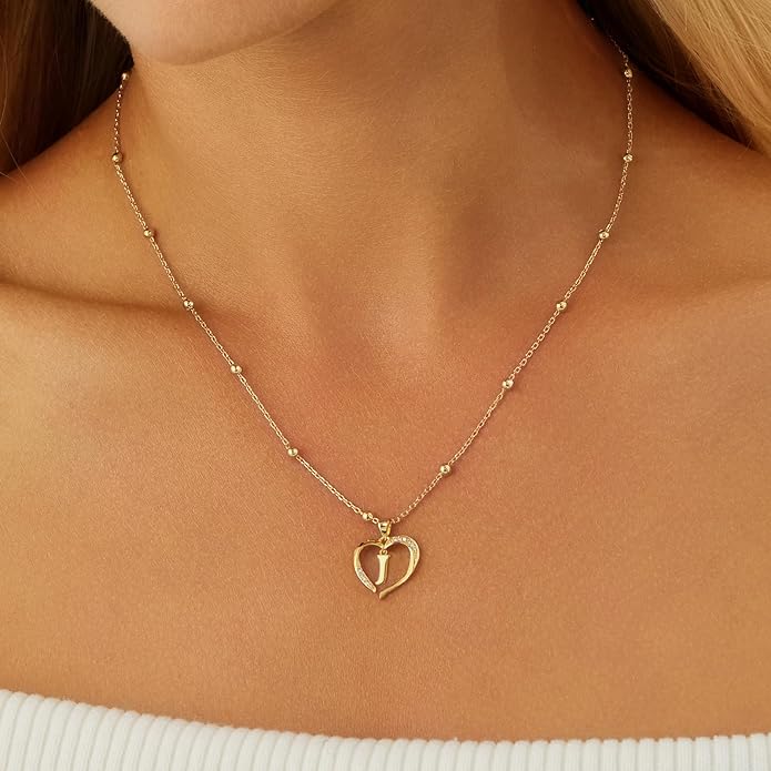 Cicy Bell Womens Heart Initial Necklace for Women 18k Gold Plated Shell Personalized Letter Pendant Necklace 17.7'' with 2'' Extender