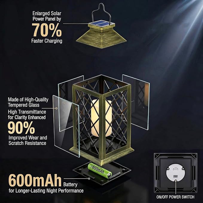 14" Large Tempered Glass Solar Lanterns Outdoor Waterproof | Bronze retro solar - Image 4