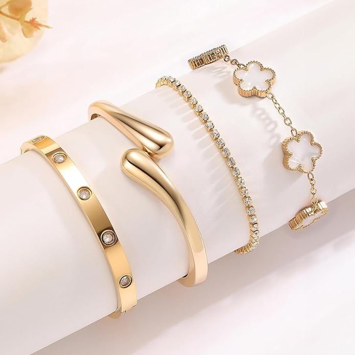 PDWZNBA 18K Gold-Plated Bracelet Set – Floral Clover, Tennis, Chunky Adjustable Twist Cuff, Classic Gold-plated Bangle Stainless Steel, Non Tarnish, Stackable Bracelet Gift for Women
