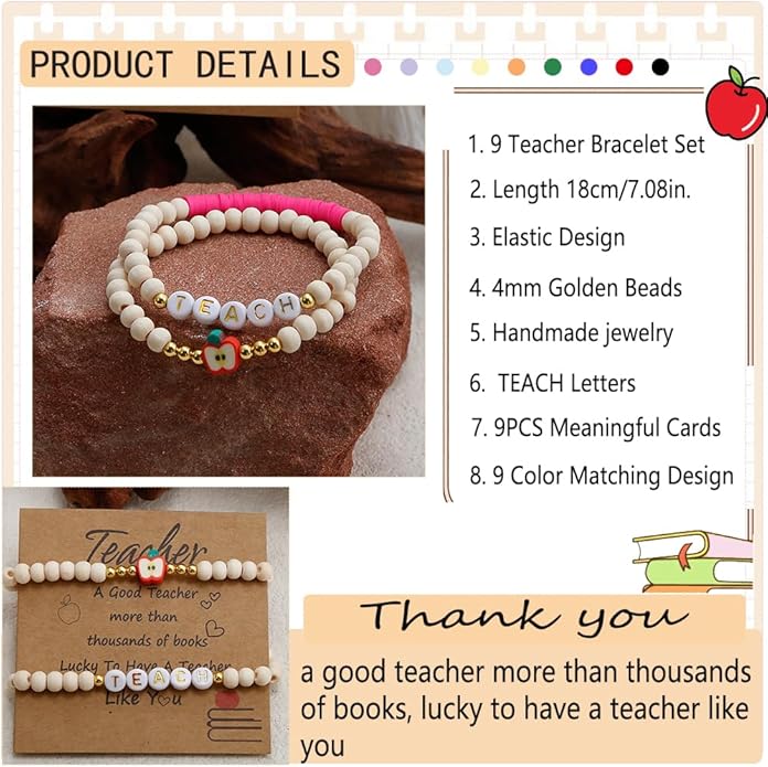 COLOYAN 18PCS Teacher Appreciation Gifts for Women Men, Teacher Gifts Wooden Beaded Bracelet elastic Clay Bracelet, Birthday Christmas Thanksgiving Thank You Gifts for Teachers