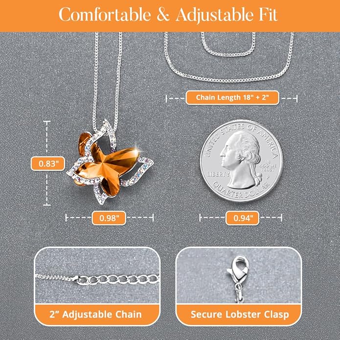 Valentine's Day Gift Butterfly Birthstone Crystal Necklace, Silver Tone with 18”+2” Chain, Necklace for Mother’s Day Anniversary Birthday Gifts for Women and Daughter