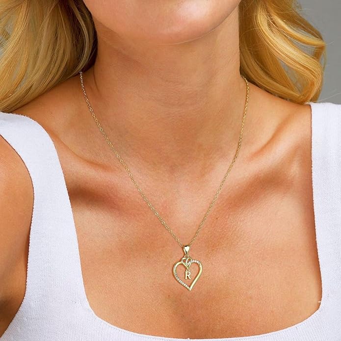 STORUP Valentines Gifts for Her Teen Girls - Heart Initial Necklaces for Women Girls, 14K-Gold-Plated CZ Initial A-Z Heart Necklaces for Teen Girl Jewelry Valentines Gifts for Women Mom Wife Sister