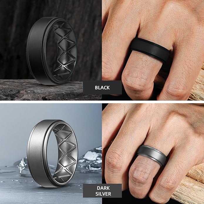 Egnaro Silicone Rings for Men 1/4/5/6/7 Multipack of Breathable Mens Silicone Rubber Wedding Rings Bands - Step Edge