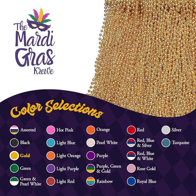 Gold Mardi Gras Beads - 33 inch, 7mm, 72 Necklaces, 6 Dozen Bulk Party Favors