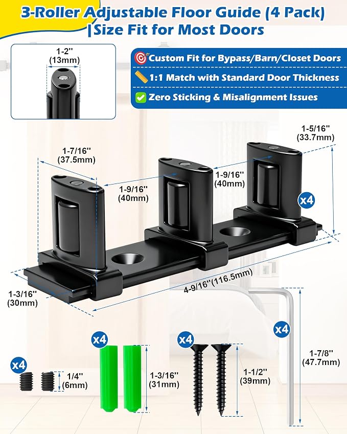 IWIWE Sliding Door Floor Guide, Adjustable 3-Roller Bottom Mount - Image 2
