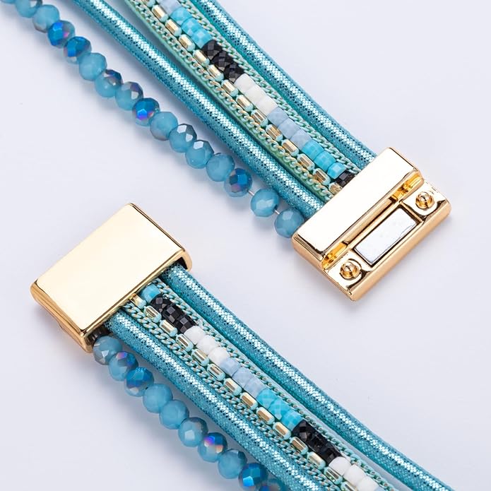 FANCY SHINY Leather Wrap Bracelets Crystal Beads Bracelet Boho Cuff Stone Charm Bracelets with Clasp Costume Jewelry for Women