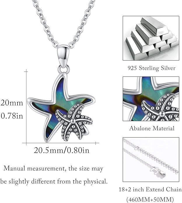 Cuoka Starfish Necklace 925 Sterling Silver Abalone Double Seashell Ocean Sea Beach Star Pendant Necklaces Ocean Jewelry for Women Bestfriend Summer Holiday Graduate Gift