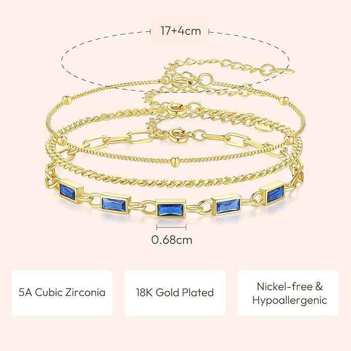 Gold Birthstone Bracelet for Women, 18K Gold Plated Layered Jewelry Bracelet Set, Womens Dainty Stackable Bracelets Link Paperclip Chain Valentines Day Gift for Wife Her