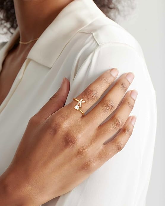 Valentines Day Gifts Gold Silver Initial Rings for Women Non Tarnish Dainty 14k Gold Plated Stackable Rings for Women Trendy Adjustable Letter Cubic Zirconia Pinky Ring Cute Open Birthday Gift Jewelry