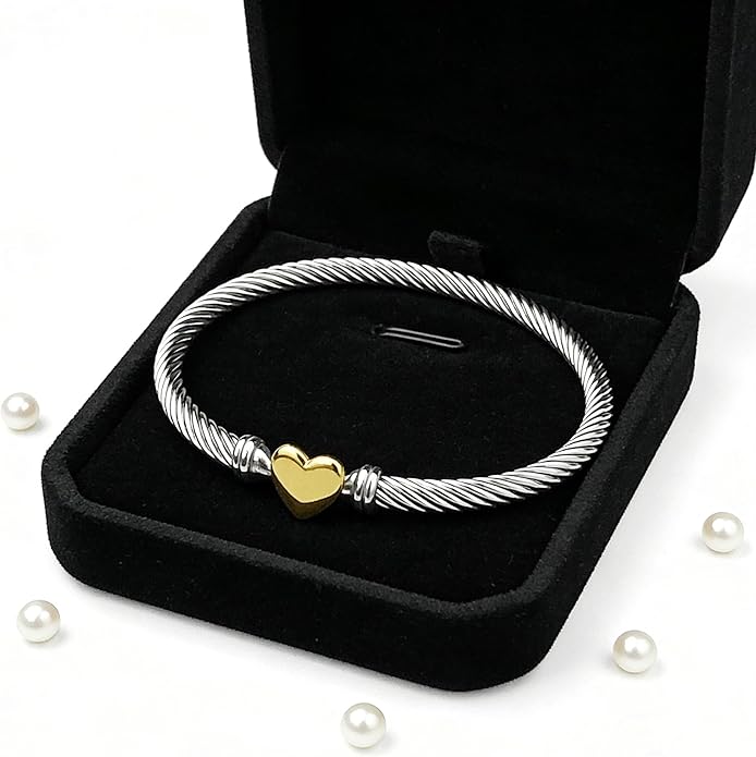 Decpro Adjustable Twist Stainless Steel Cable Bracelet with 14K Gold Plated Love Heart Charm - 4MM Open Bangle Cuff for Women & Men, Gift for Friends, Family, Valentine (6-8cm)