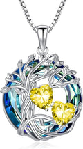 TOUPOP s925 Sterling Silver Family Celtic Tree of Life Pendant Necklaces with 2 Heart Birthstone with Blue Austrian Crystal Jewelry Birthday Valentines Day Gifts for Her, Anniversary Christmas Gifts for Wife Girlfriend Mom (18K Real White Gold Filled)