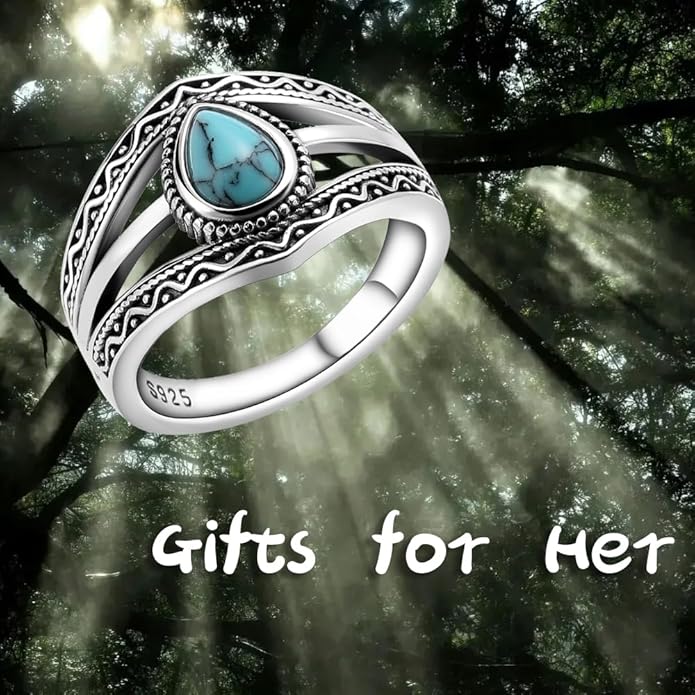 Boho Turquoise Ring for Women Sterling Silver Western Style Statement Ring Bohemian Jewelry Gifts