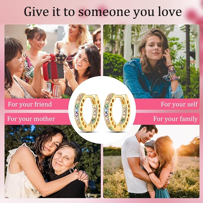 NARMO Earrings for Women 925 Sterling Silver Heart Hoops Small Colorful Rainbow Hoop Earrings Huggie Earrings