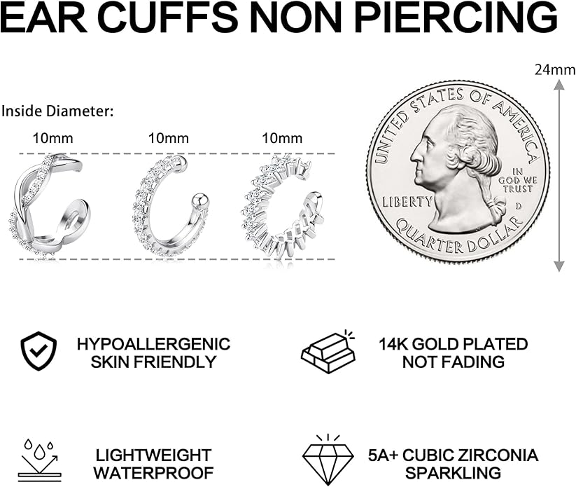 Dochais Ear Cuffs Non-Piercing Earrings for Women Cute Small Clip-On Cartilage Earring 14k Gold Plated Dainty Fake Piercings Earings