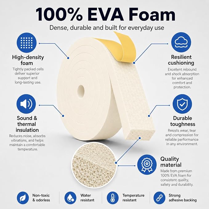 66FT EVA Foam Weather Stripping Door Seal, Self-Adhesive Weatherstrip Tape - Image 2