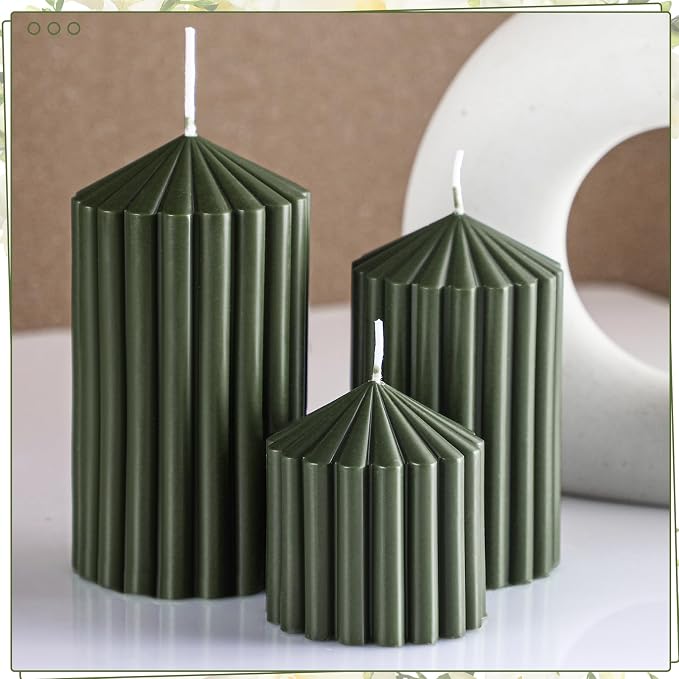 Conelist Set of 3 Moss Green Ribbed Pillar Candles Soy Wax Scented Candles | 2.8 - Image 3
