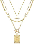 MJartoria Layered Initial Necklaces for Women Trendy, 14K Gold Plated Brass Simple Star Choker Square Letter Pendant Necklace, Paperclip Chain Necklaces Jewelry Gifts